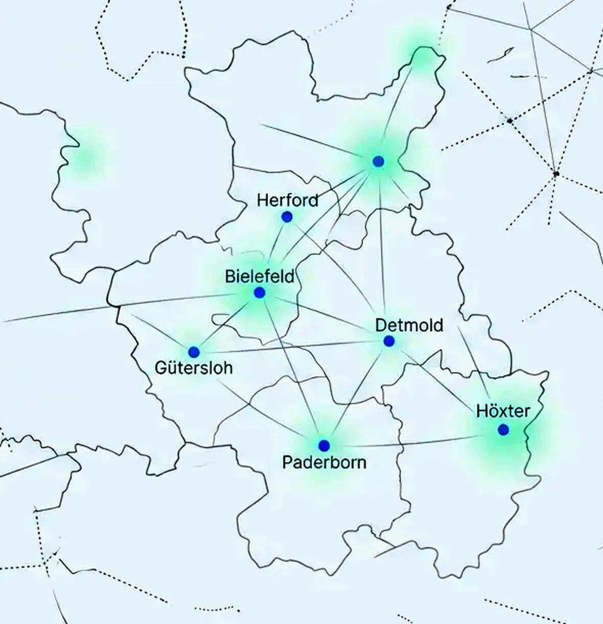 Karte von Ostwestfalen-Lippe mit Bielefeld, Gütersloh, Paderborn, Detmold, Herford und Höxter, markiert ist Verl